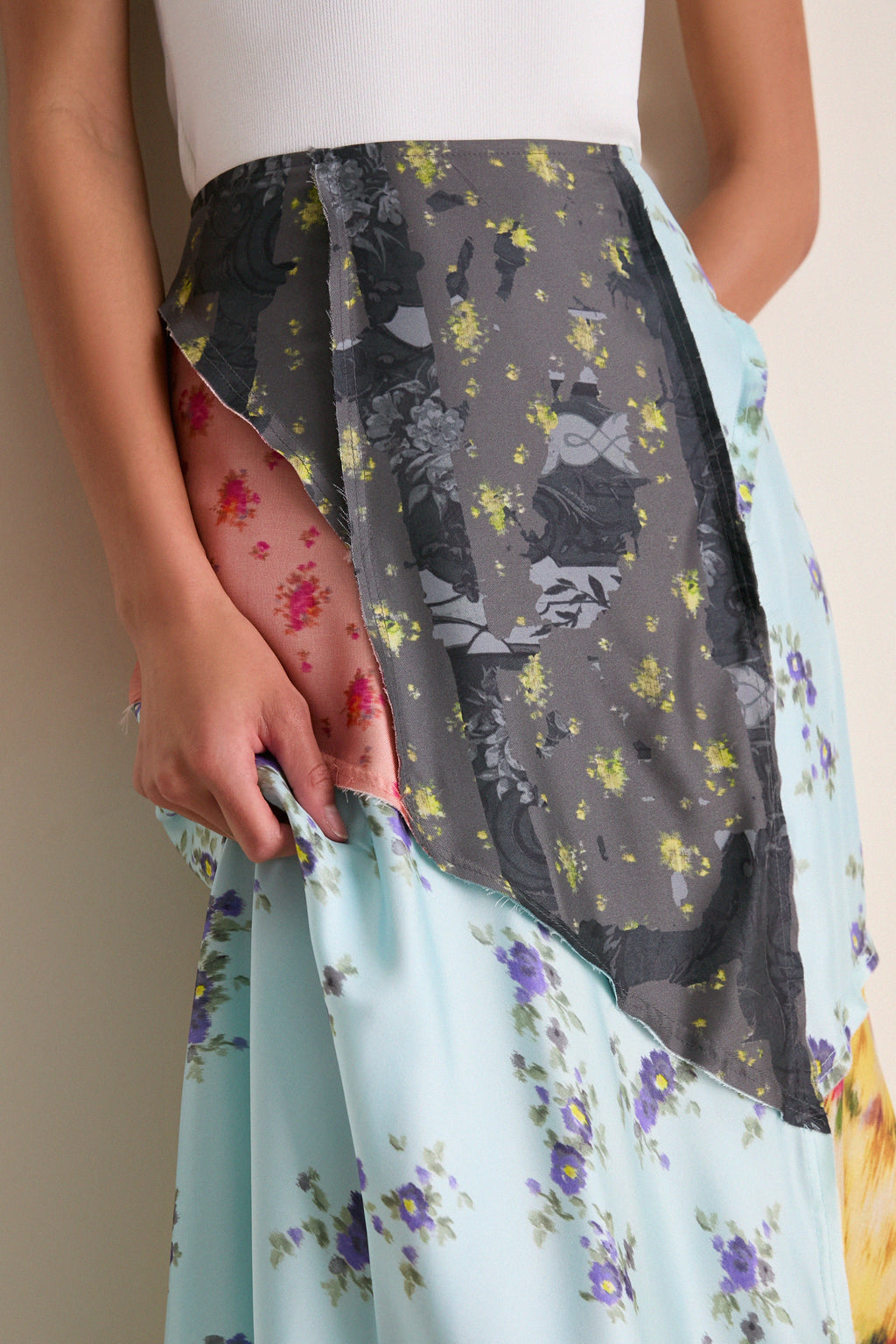 Iced Aqua Multi Printed Silk Twill Fluid Skirt