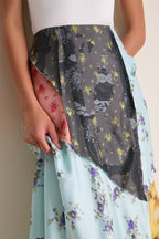 Iced Aqua Multi Printed Silk Twill Fluid Skirt