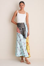 Iced Aqua Multi Printed Silk Twill Fluid Skirt