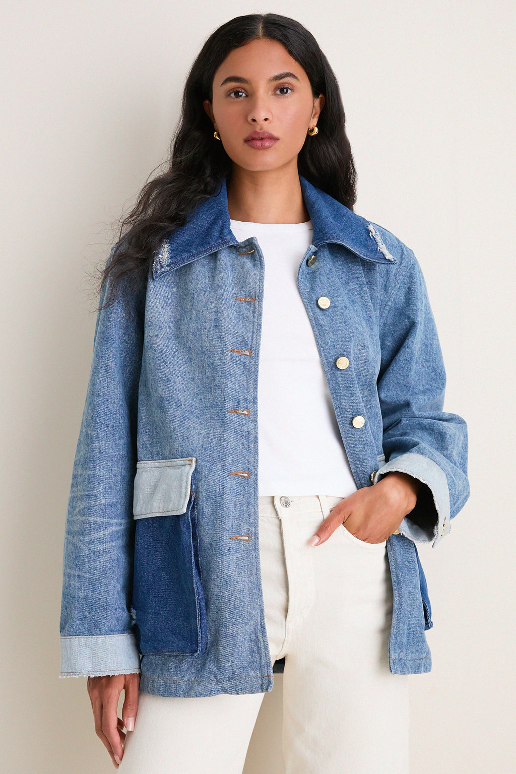 Mid Blue Vintage Patchwork Denim Midi Jacket