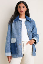 Mid Blue Vintage Patchwork Denim Midi Jacket