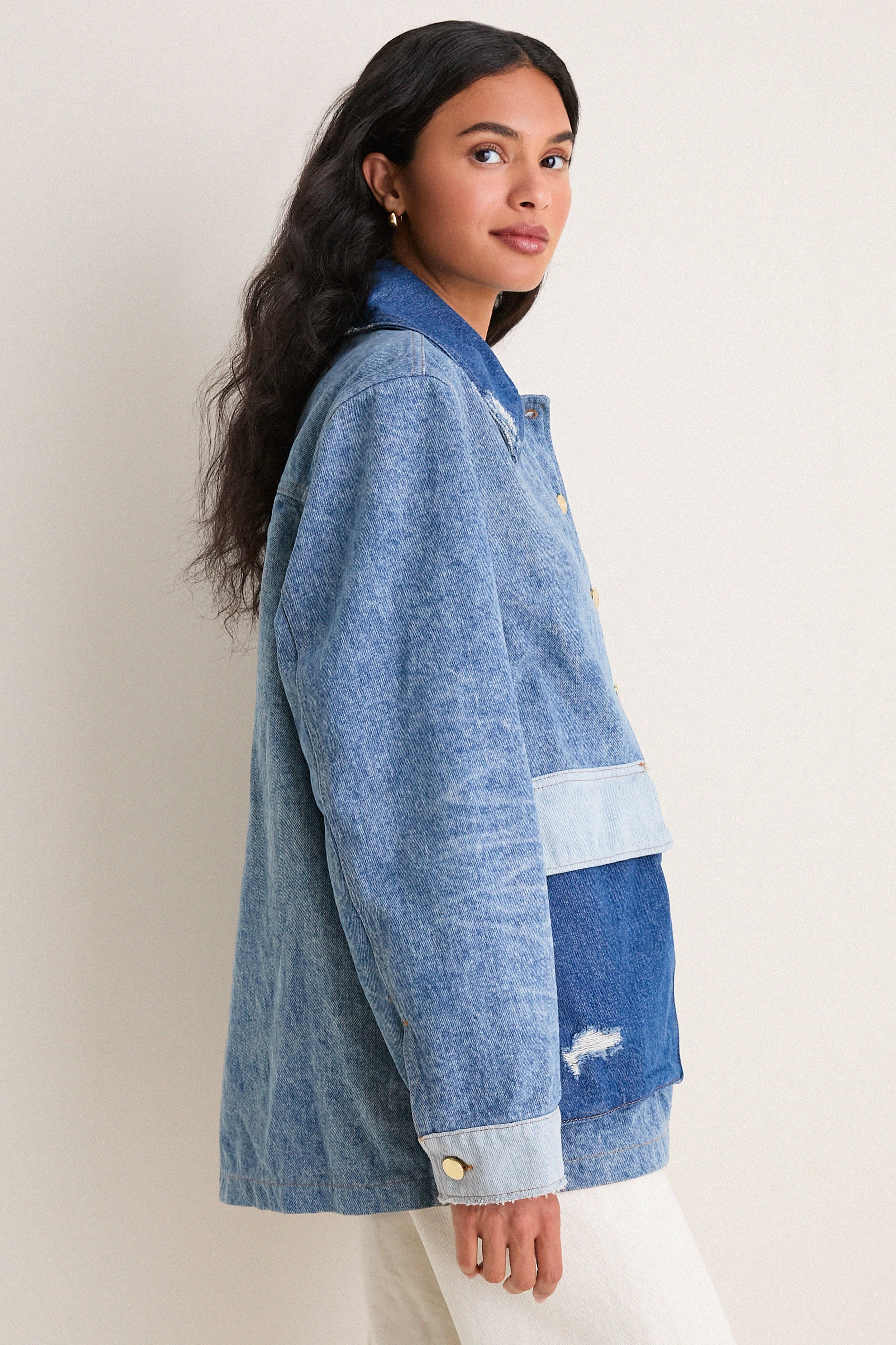 Mid Blue Vintage Patchwork Denim Midi Jacket