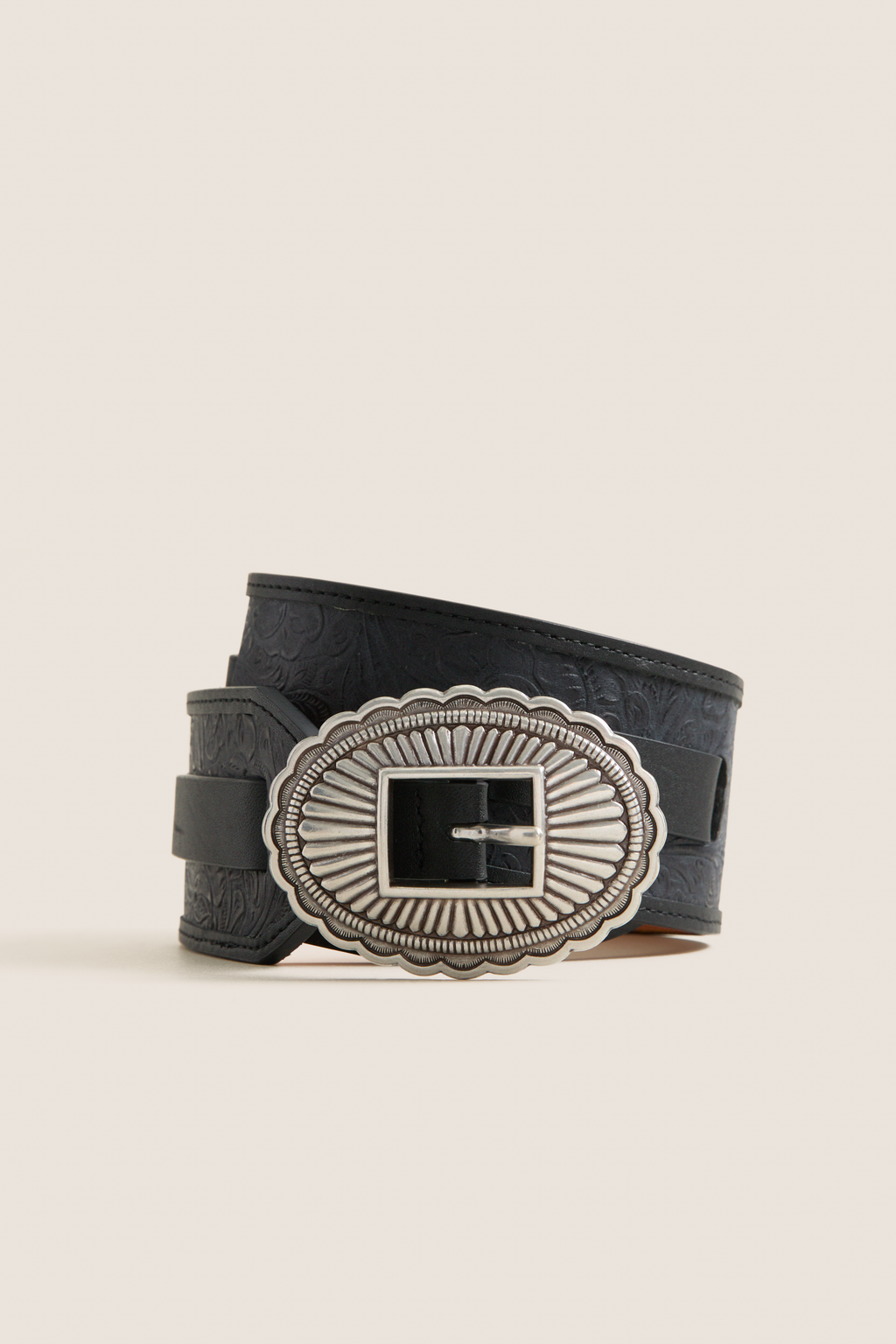 THE GREAT. x Stetson Black and Silver Tooled Waist Belt