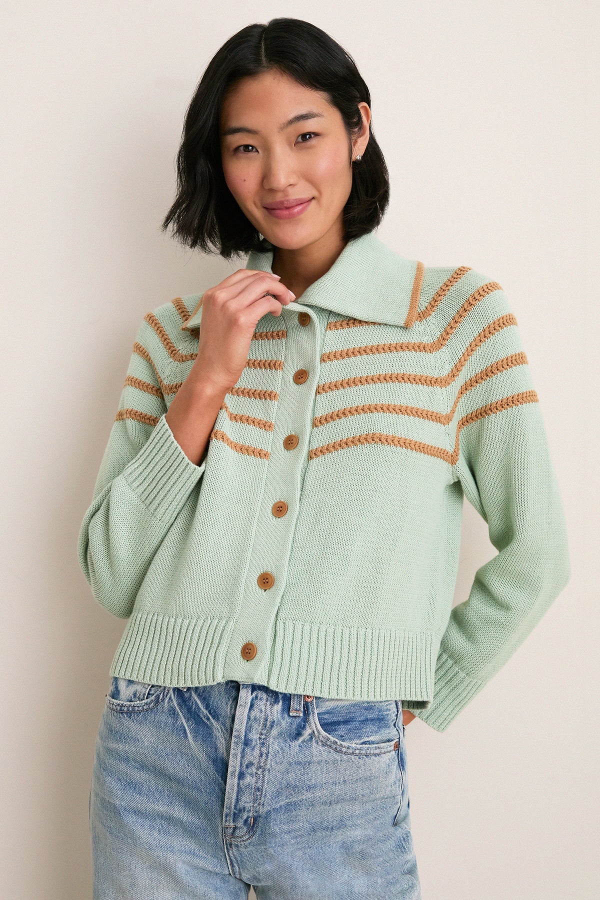 Seafoam Scholar Cardigan with Crochet Stripes