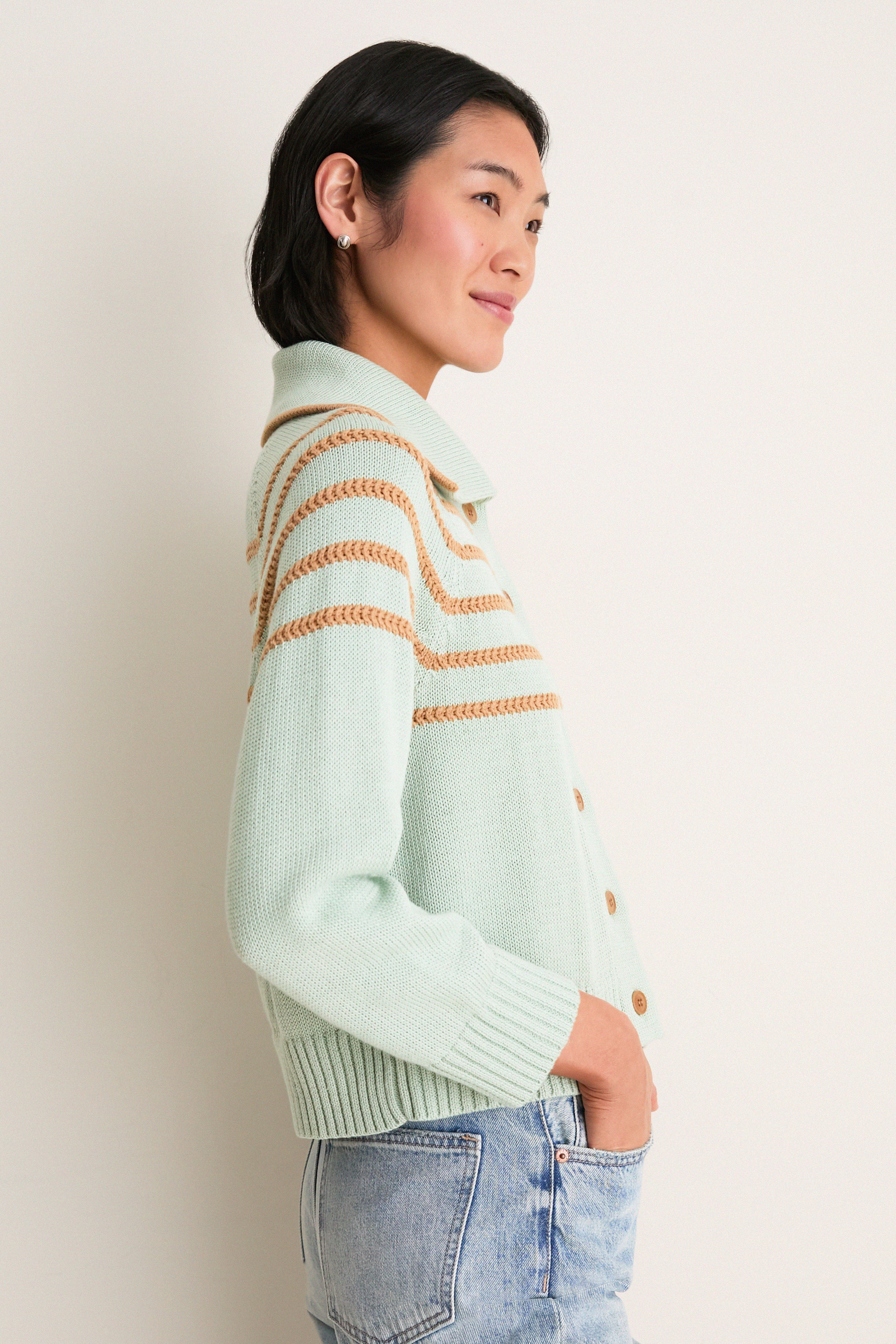 Seafoam Scholar Cardigan with Crochet Stripes