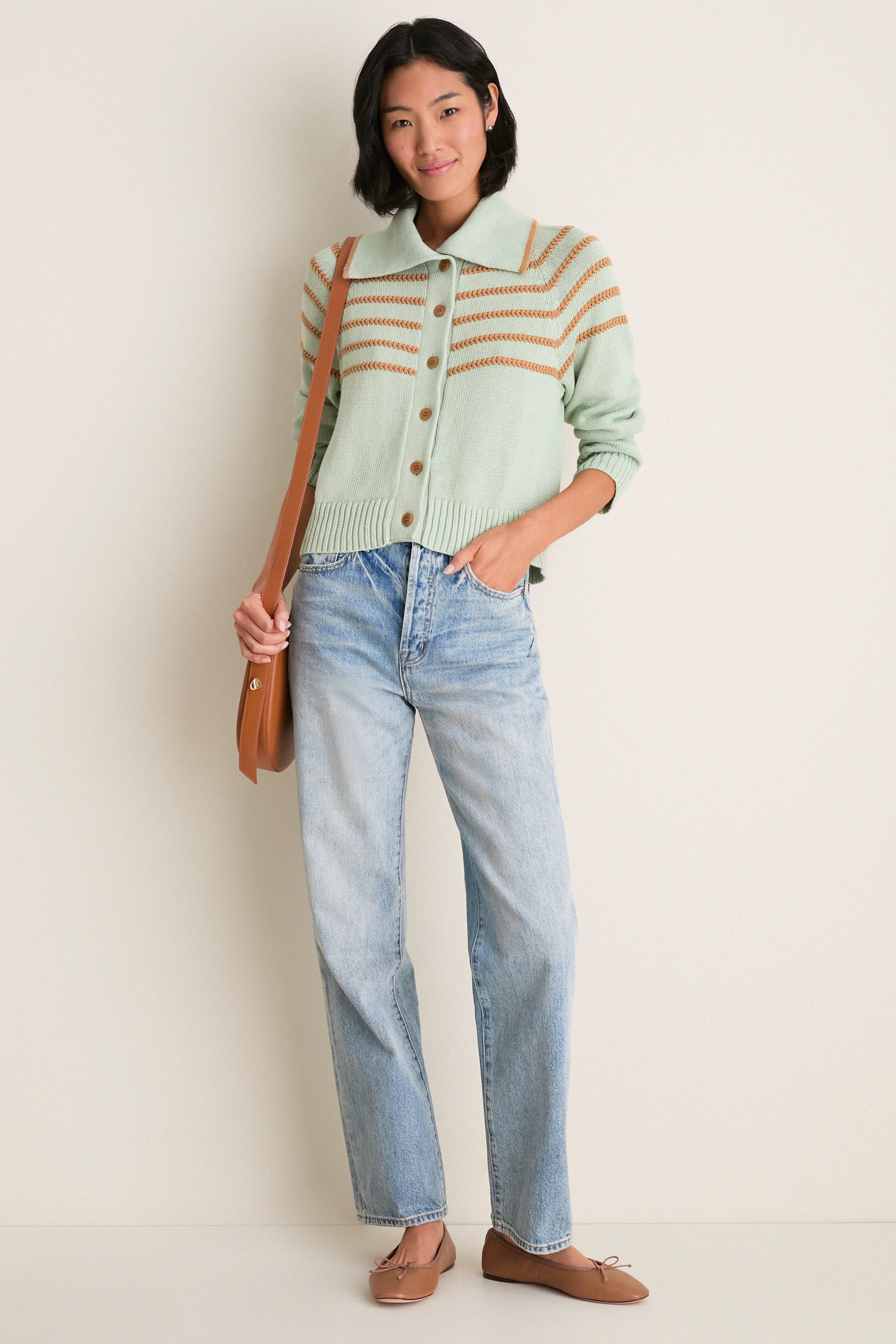 Seafoam Scholar Cardigan with Crochet Stripes