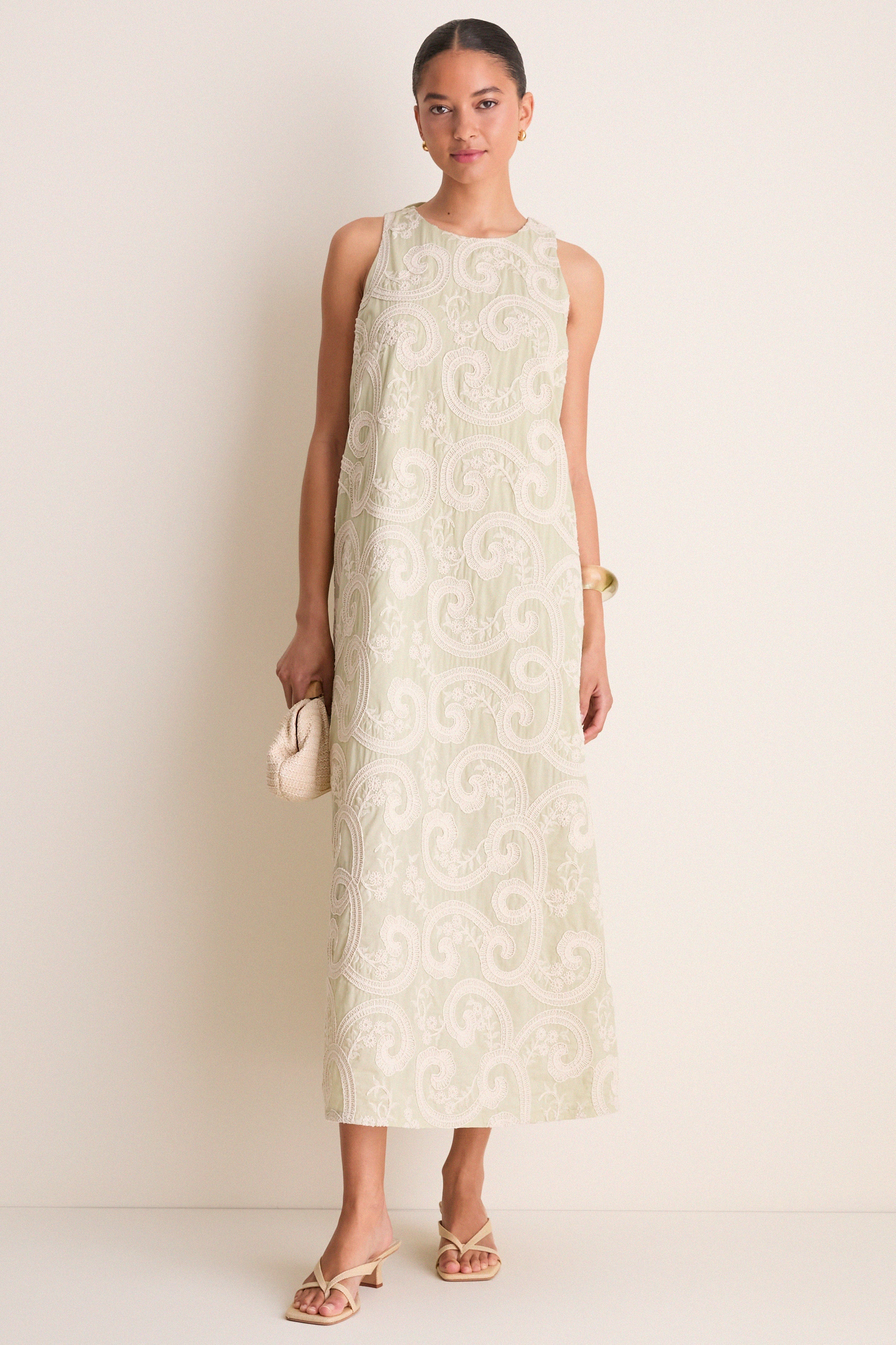 Celadon Scroll Embroidered Portia Dress
