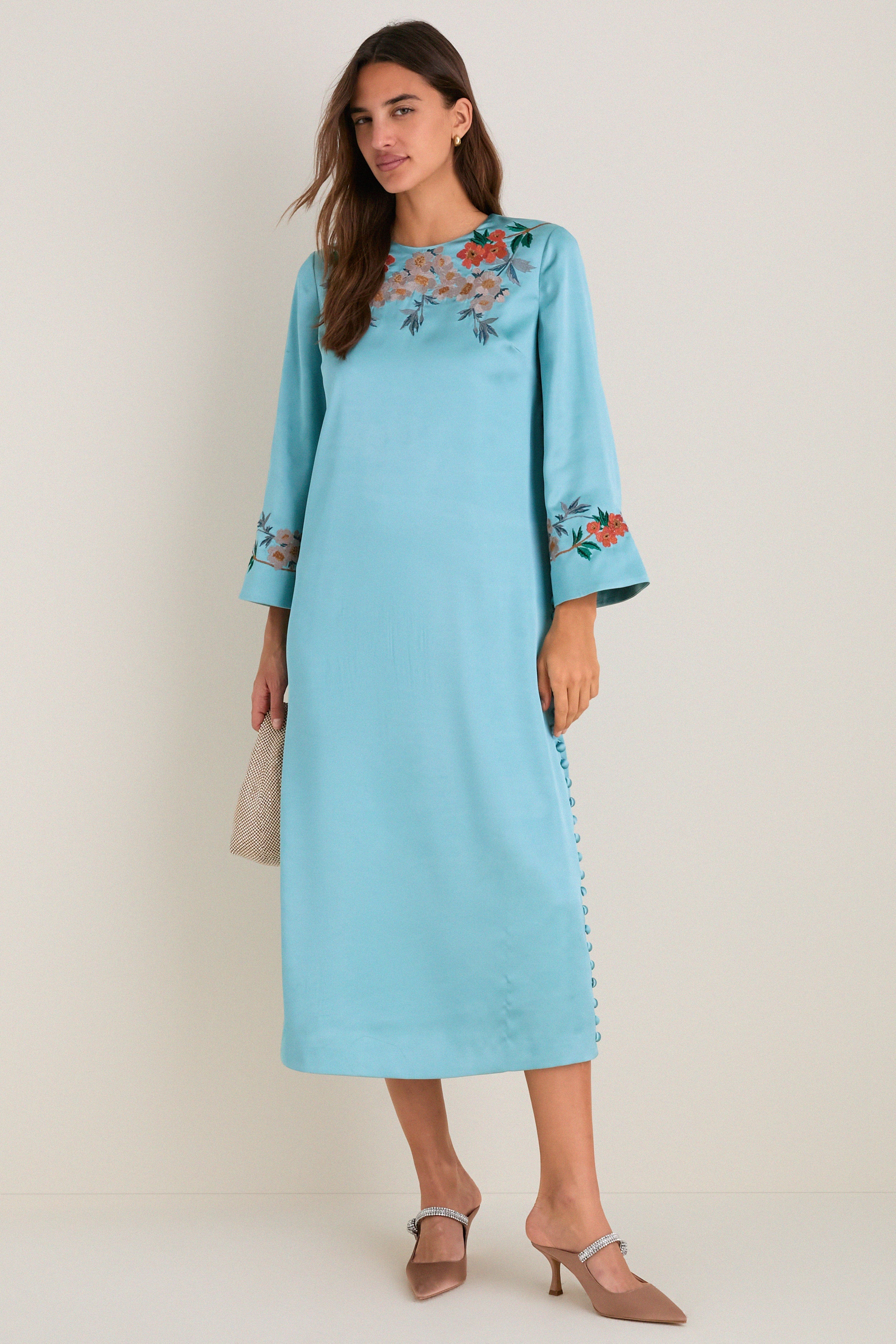 Cameo Blossom Embroidered Duchess Satin Jamie Dress