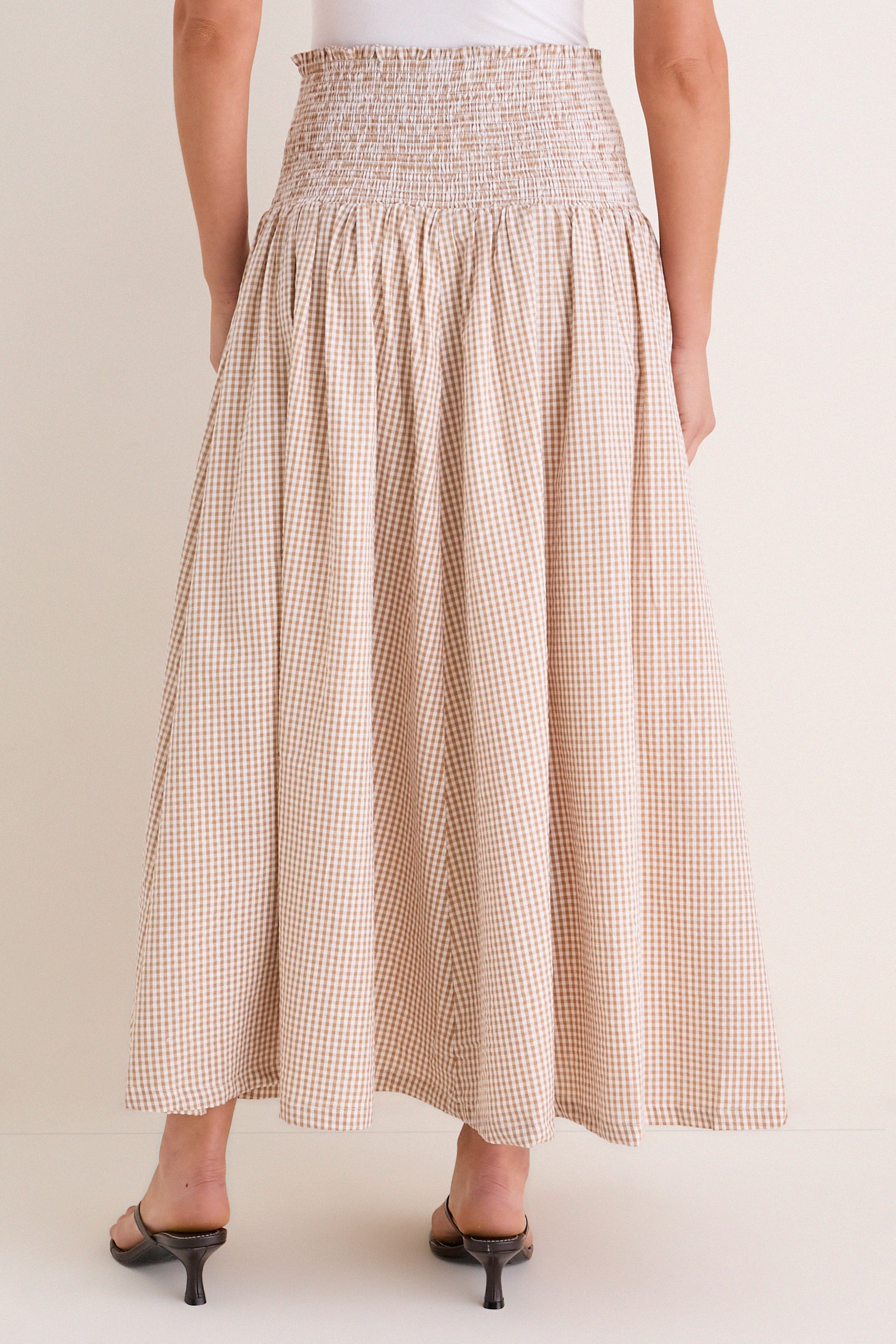 Cafe Check Smocked Maxi Skirt