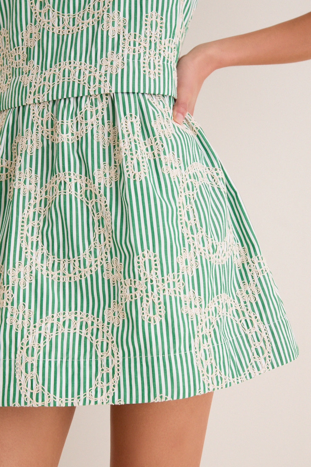 Green Stripe Vintage Embroidery Paige Mini Dress