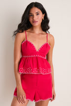 Red with White Embroidered Mandy Tank