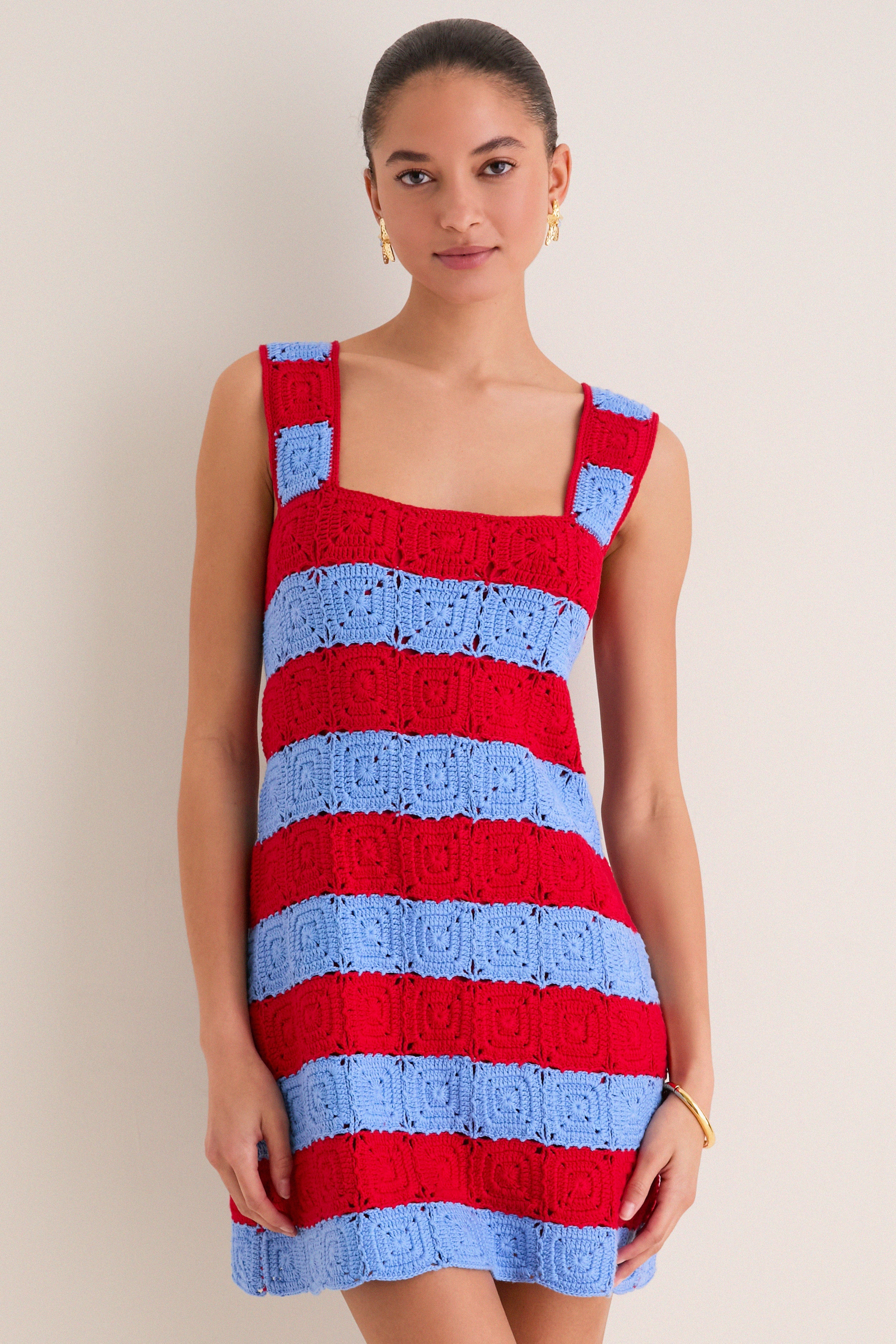 Cornflower Blue & Red Crochet Cooper Mini Dress