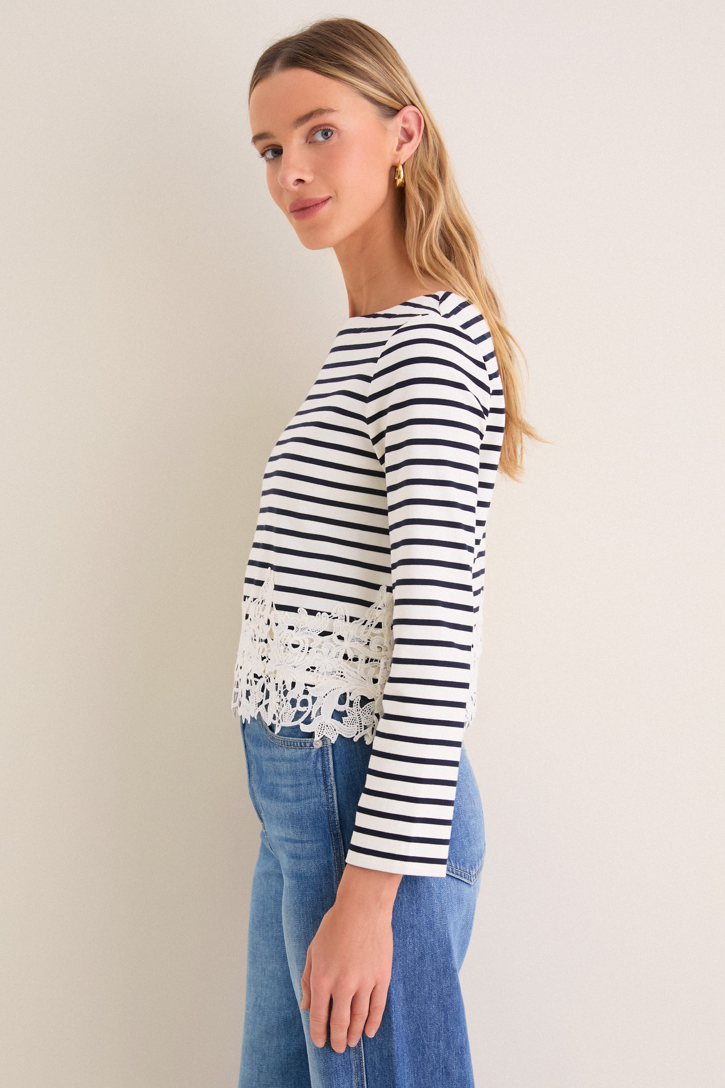 Dove and Navy Stripe Hovey Top with Lace