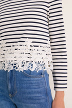Dove and Navy Stripe Hovey Top with Lace