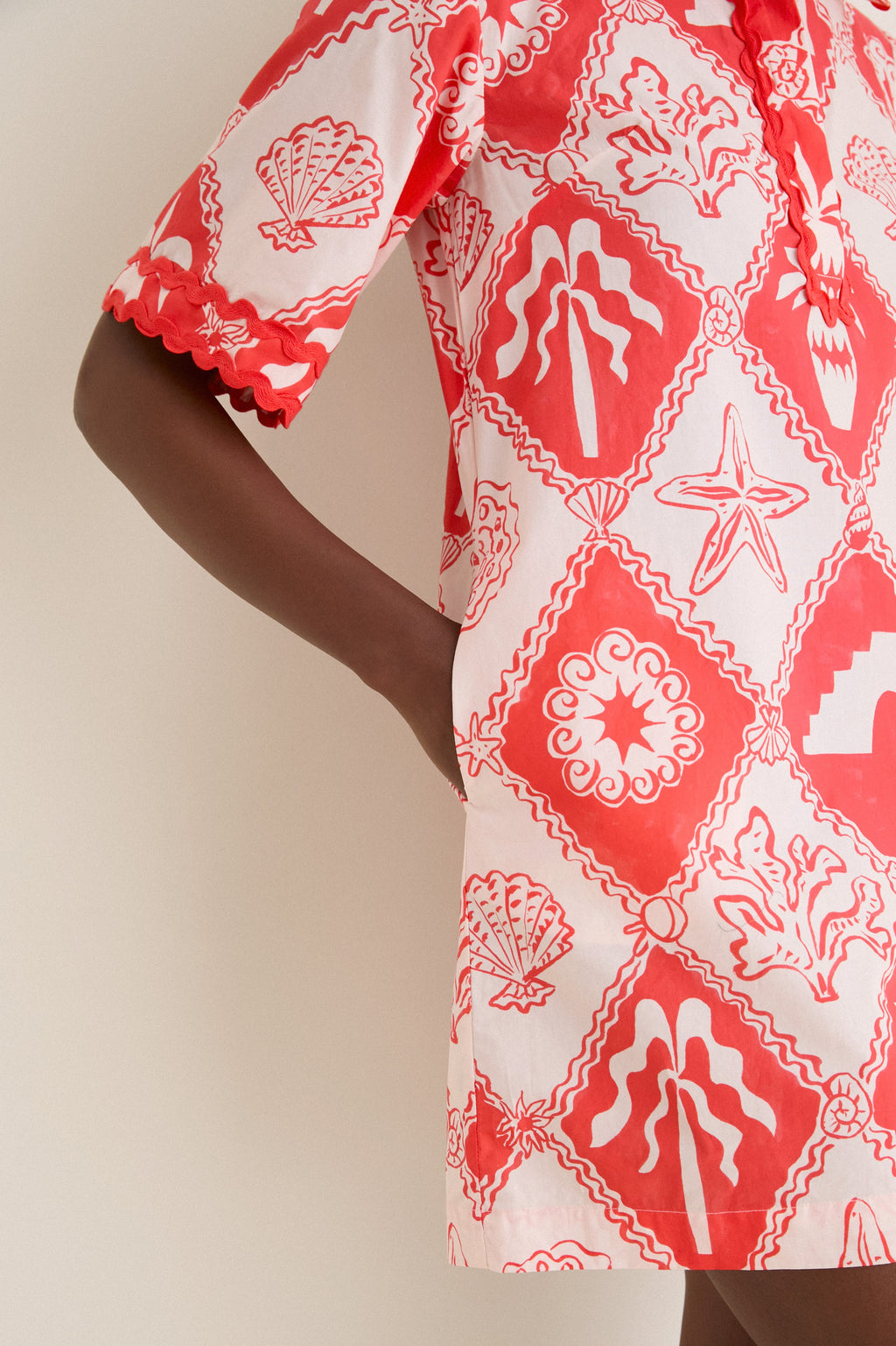 Asterias Red Collared Shirt Mini Dress