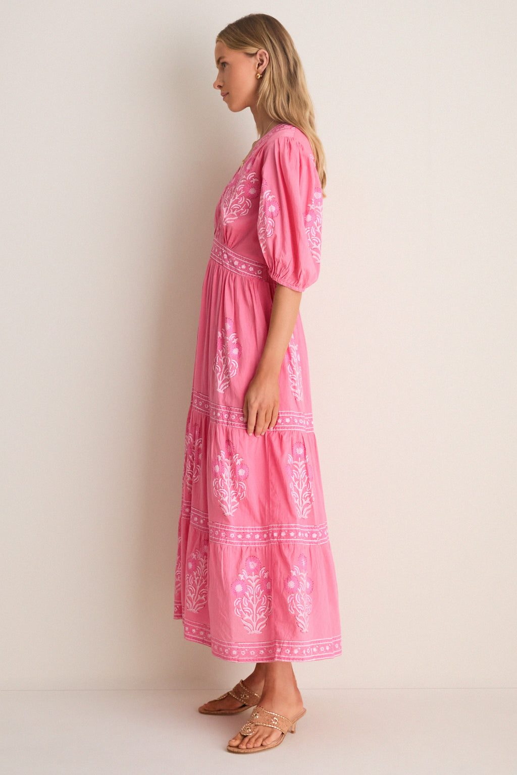 Raton Pink V-Neck Puffed Sleeve Maxi Dress