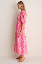 Raton Pink V-Neck Puffed Sleeve Maxi Dress