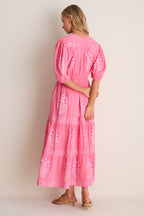 Raton Pink V-Neck Puffed Sleeve Maxi Dress