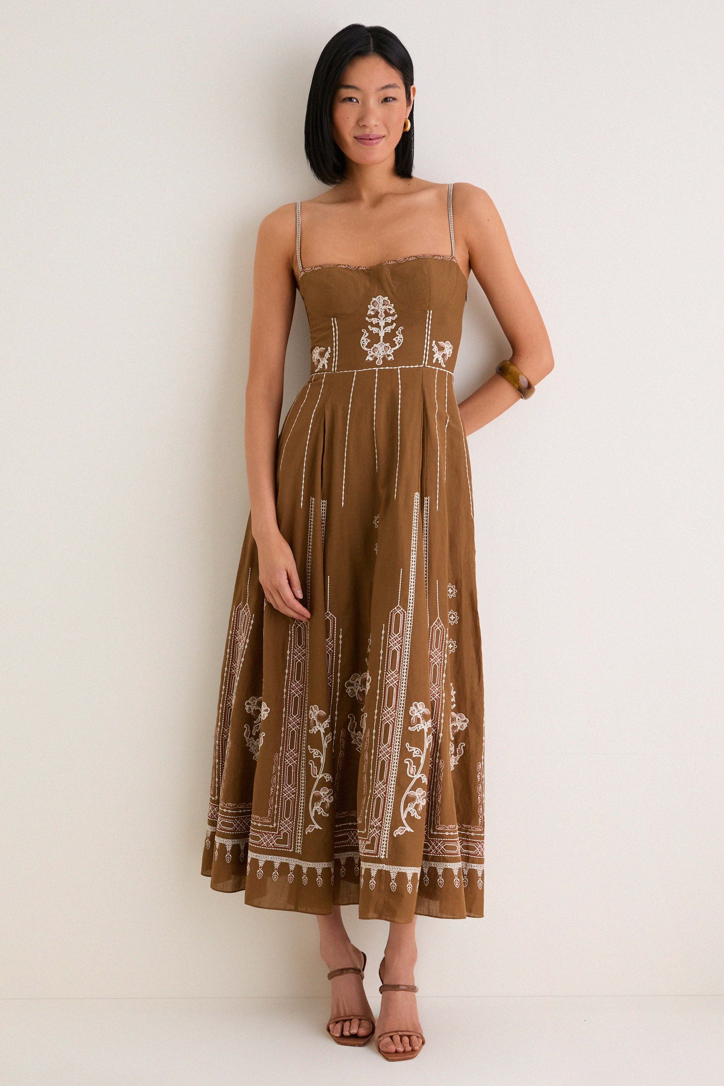 Brown Embroidered Lace Valya Maxis Dress