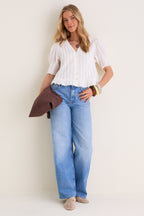 White Alberte Solid Bubble Sleeve Blouse