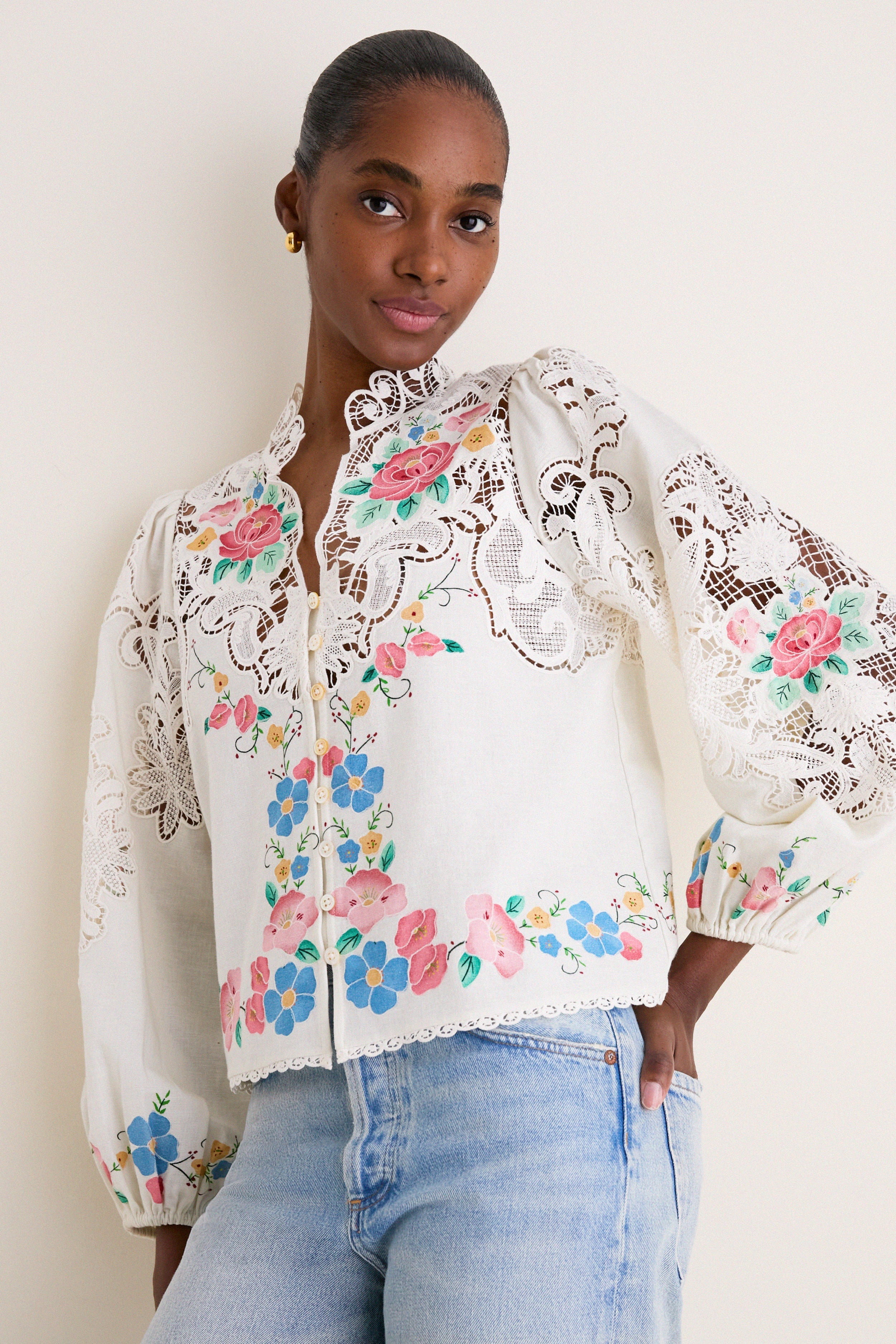 Multi Astrid Embroidery Long Sleeve Blouse