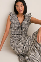 Black and Ivory Plaid Lacey Smocked Tie Front Midi Dress