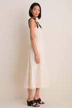 Cream Jayla Embroidery Eyelet Smocked Midi Dress