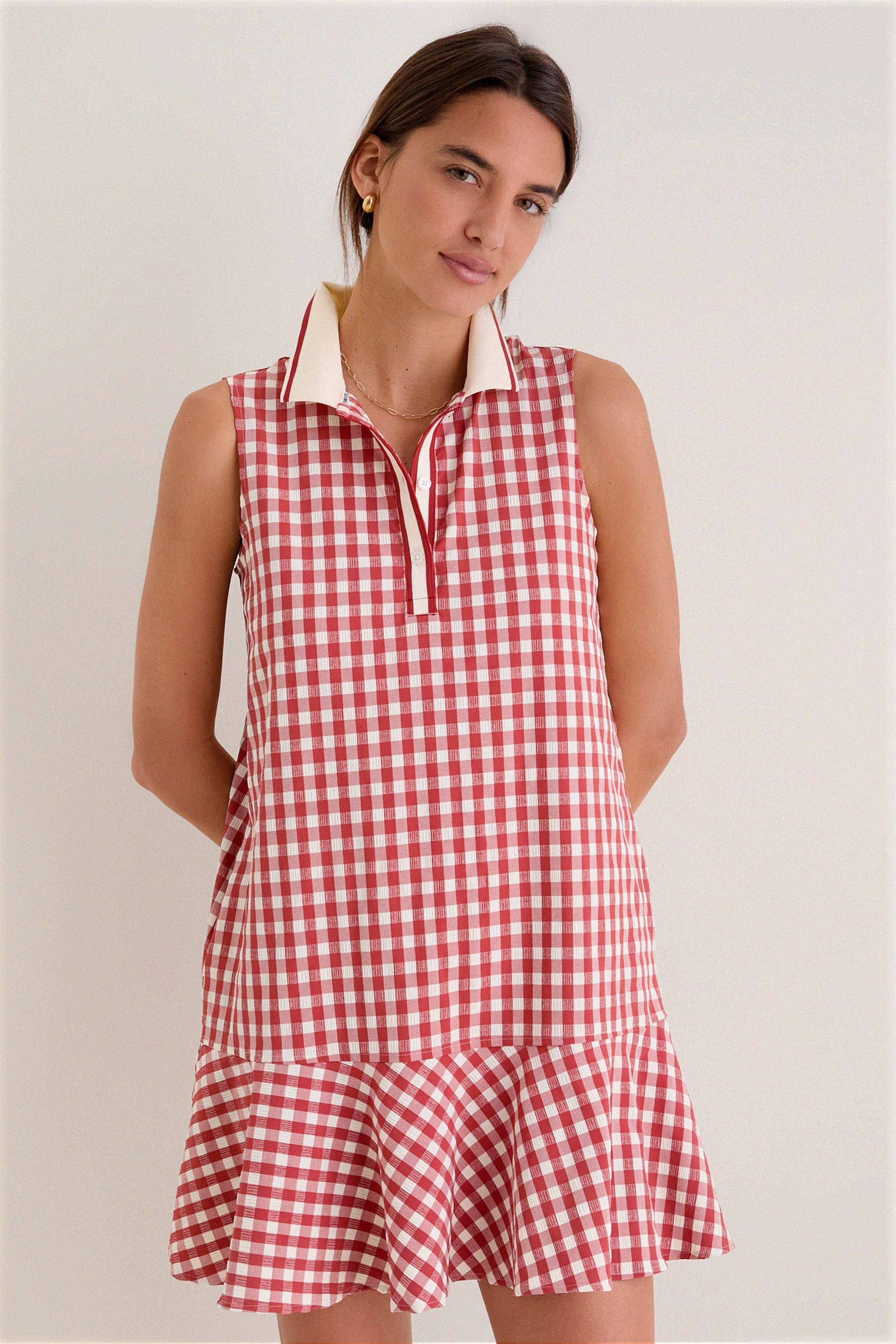 Clay Gingham Sleeveless Performance Seersucker May Golf Dress