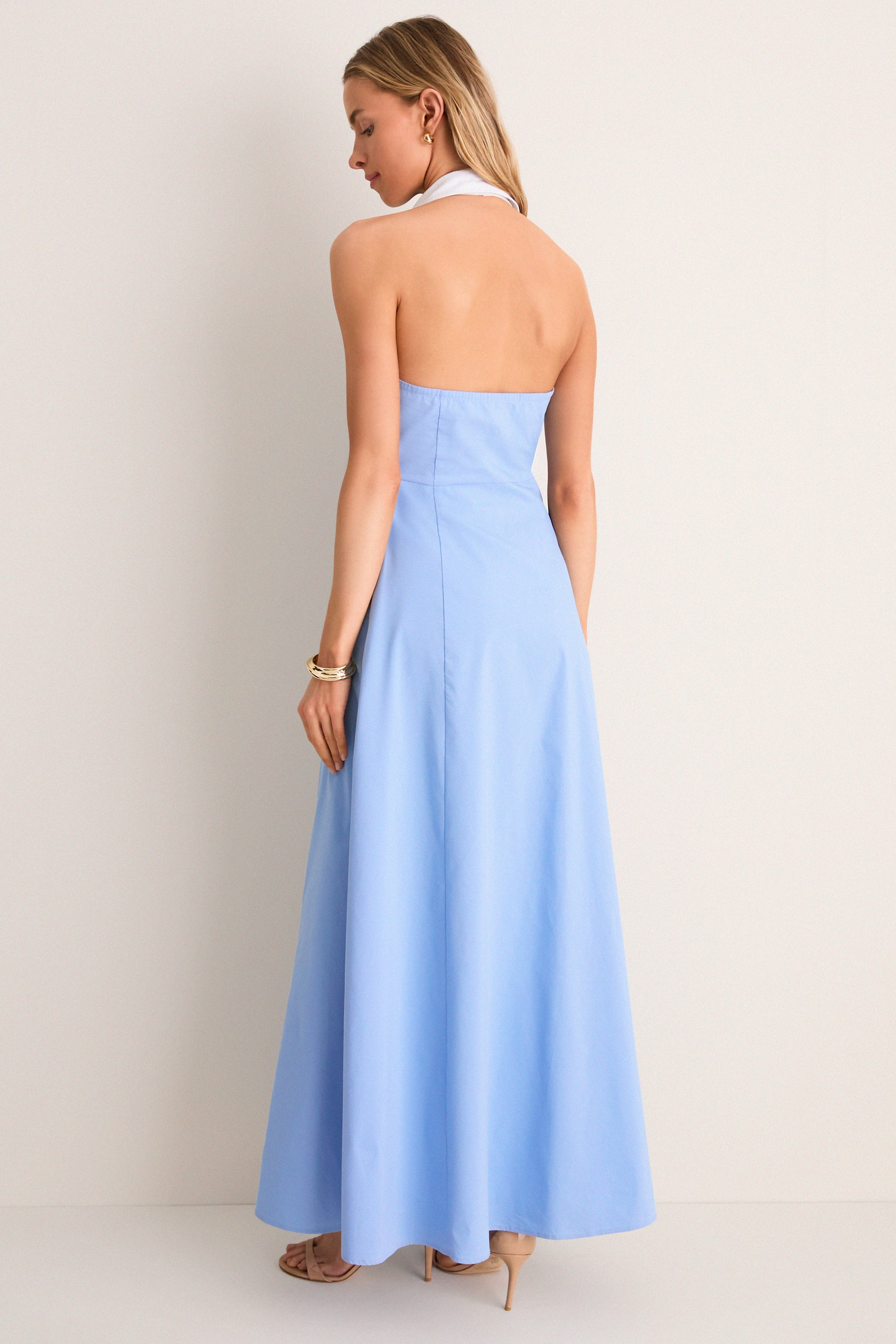 Vista Blue and White Maurie Halter Maxi Dress