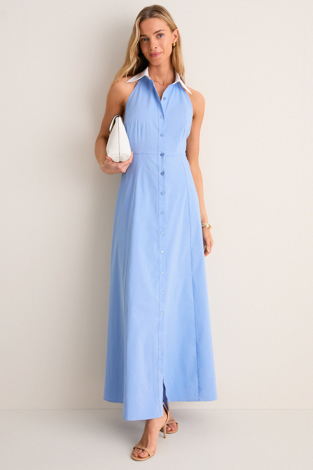 Vista Blue and White Maurie Halter Maxi Dress