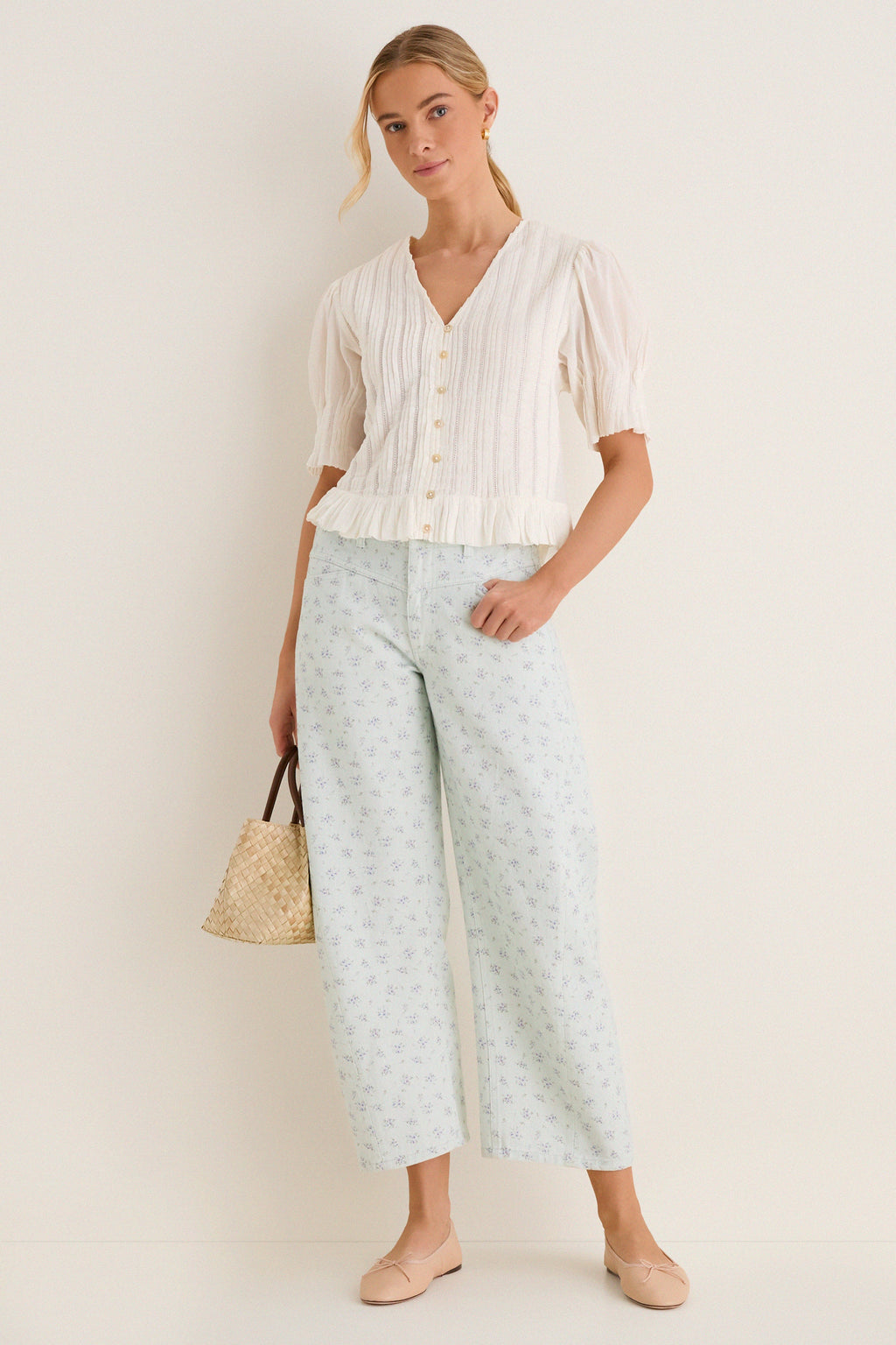 Minty Floral Mid Rise Selena Crop Jean