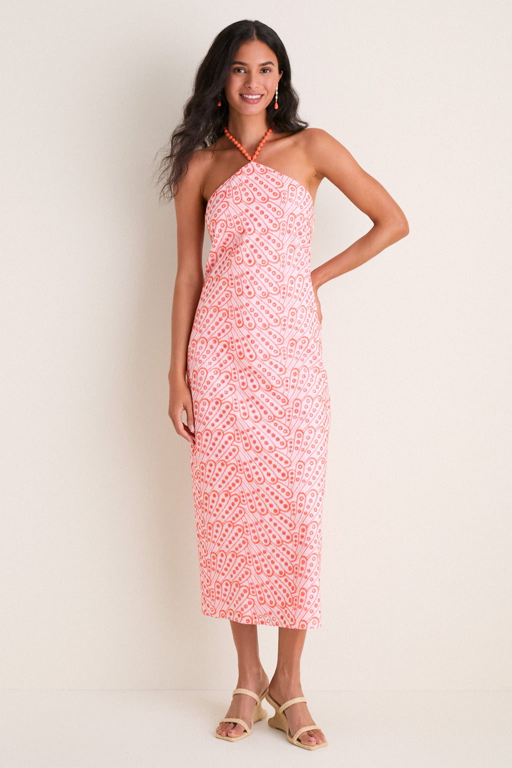 Light Pink & Orange Eyelet Hailey Halter Midi Dress