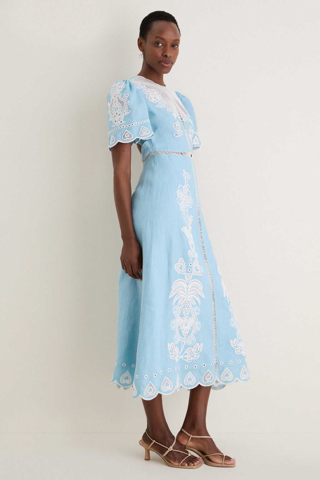 Light Blue Embroidery Short Sleeve Midi Dress