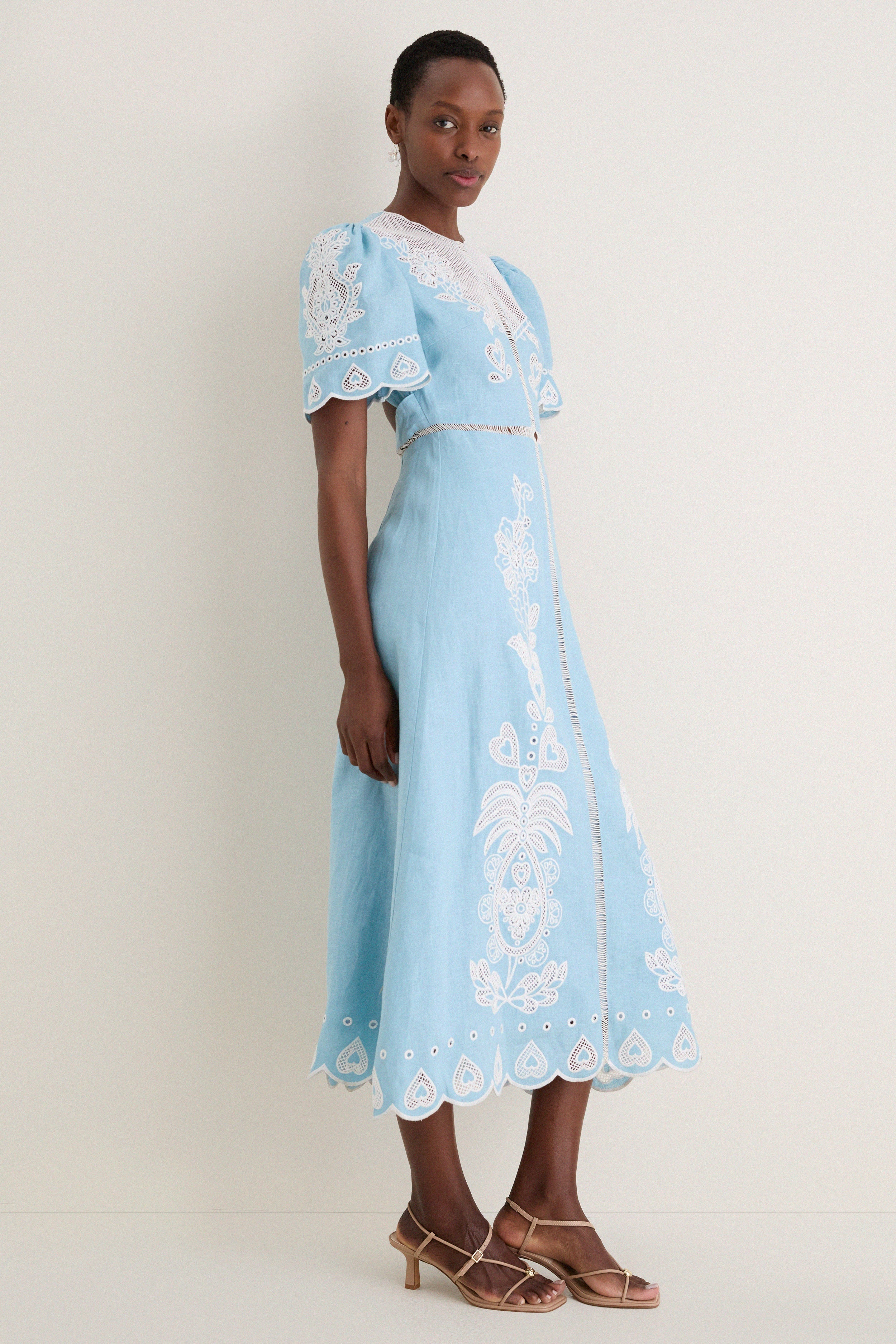 Light Blue Embroidery Short Sleeve Midi Dress