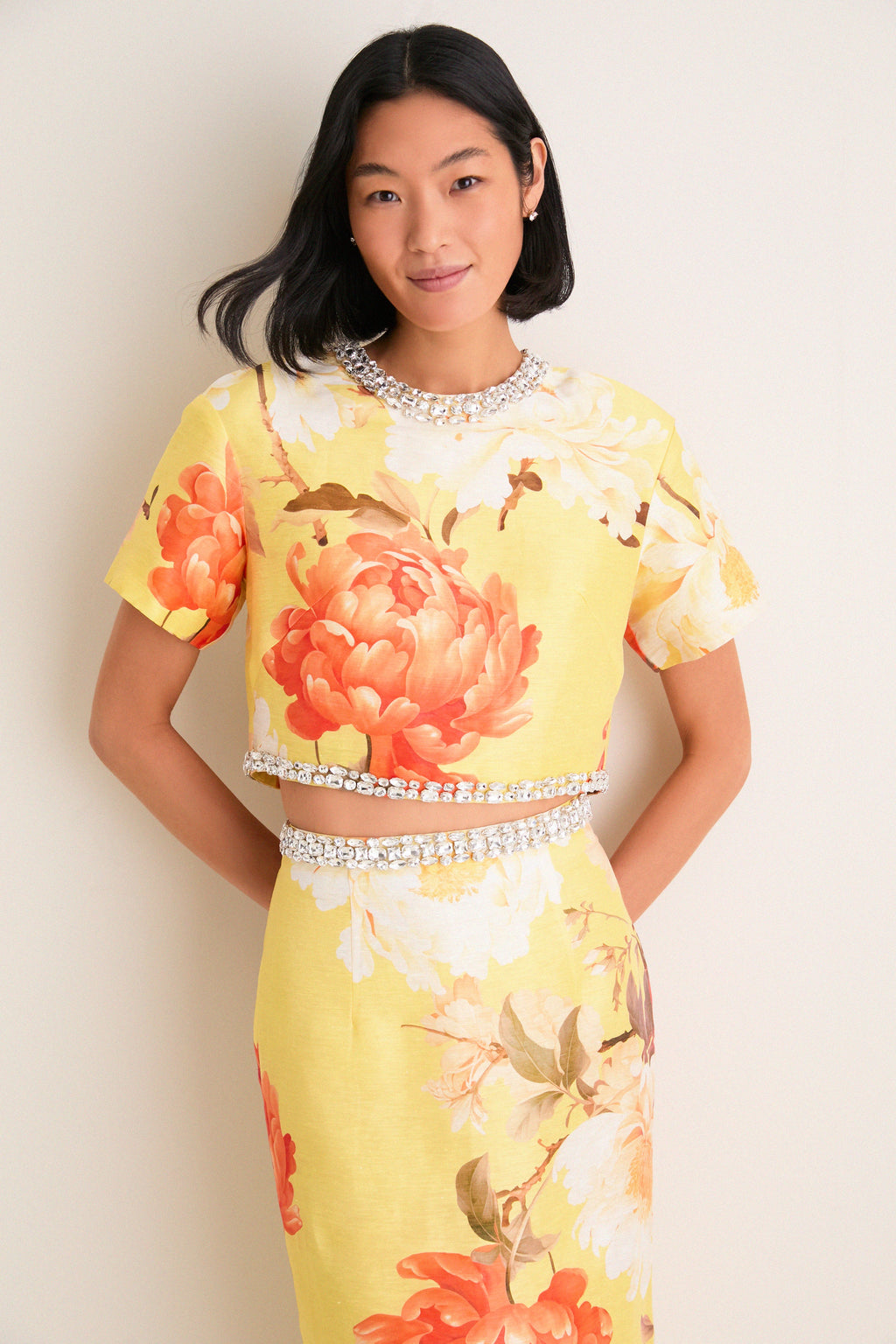 Yellow Peony Print Indie Embellished Sleeve Top