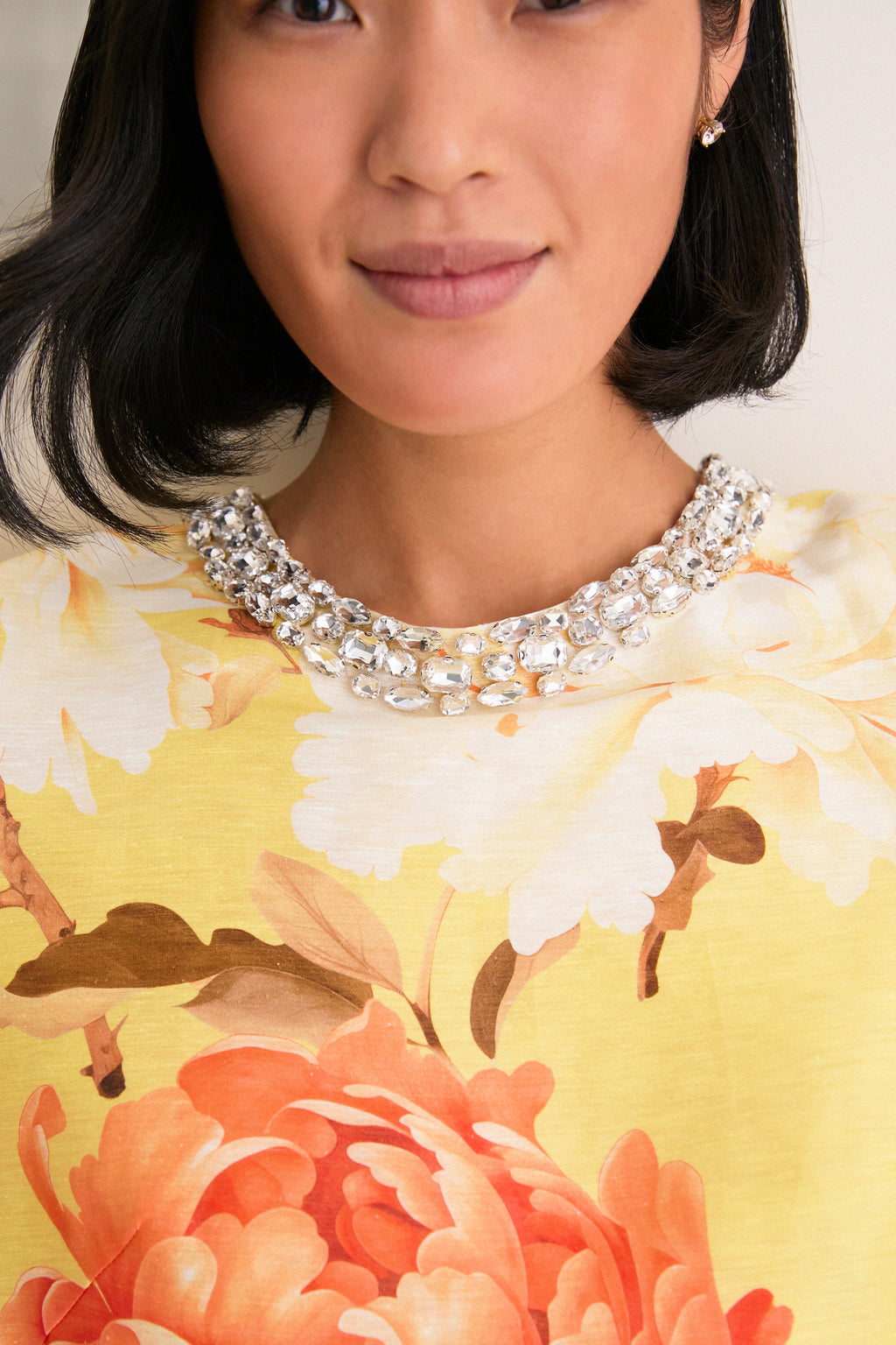 Yellow Peony Print Indie Embellished Sleeve Top
