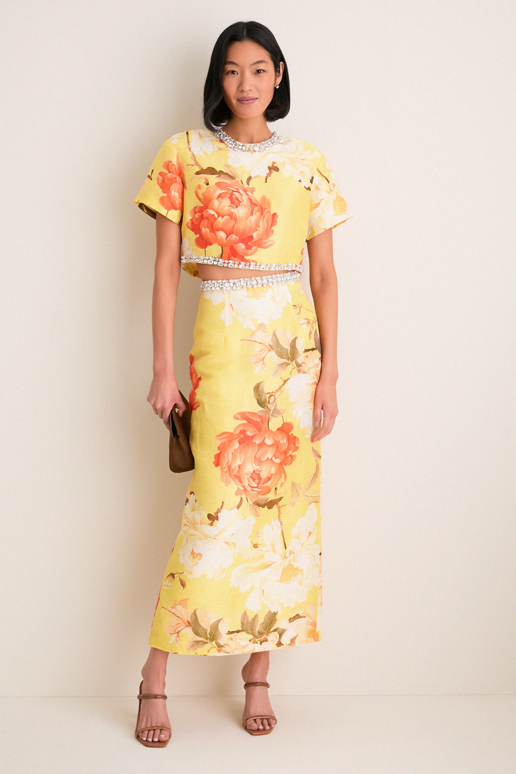 Yellow Peony Print Indie Embellished Sleeve Top