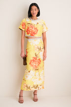 Yellow Peony Print Indie Embellished Sleeve Top
