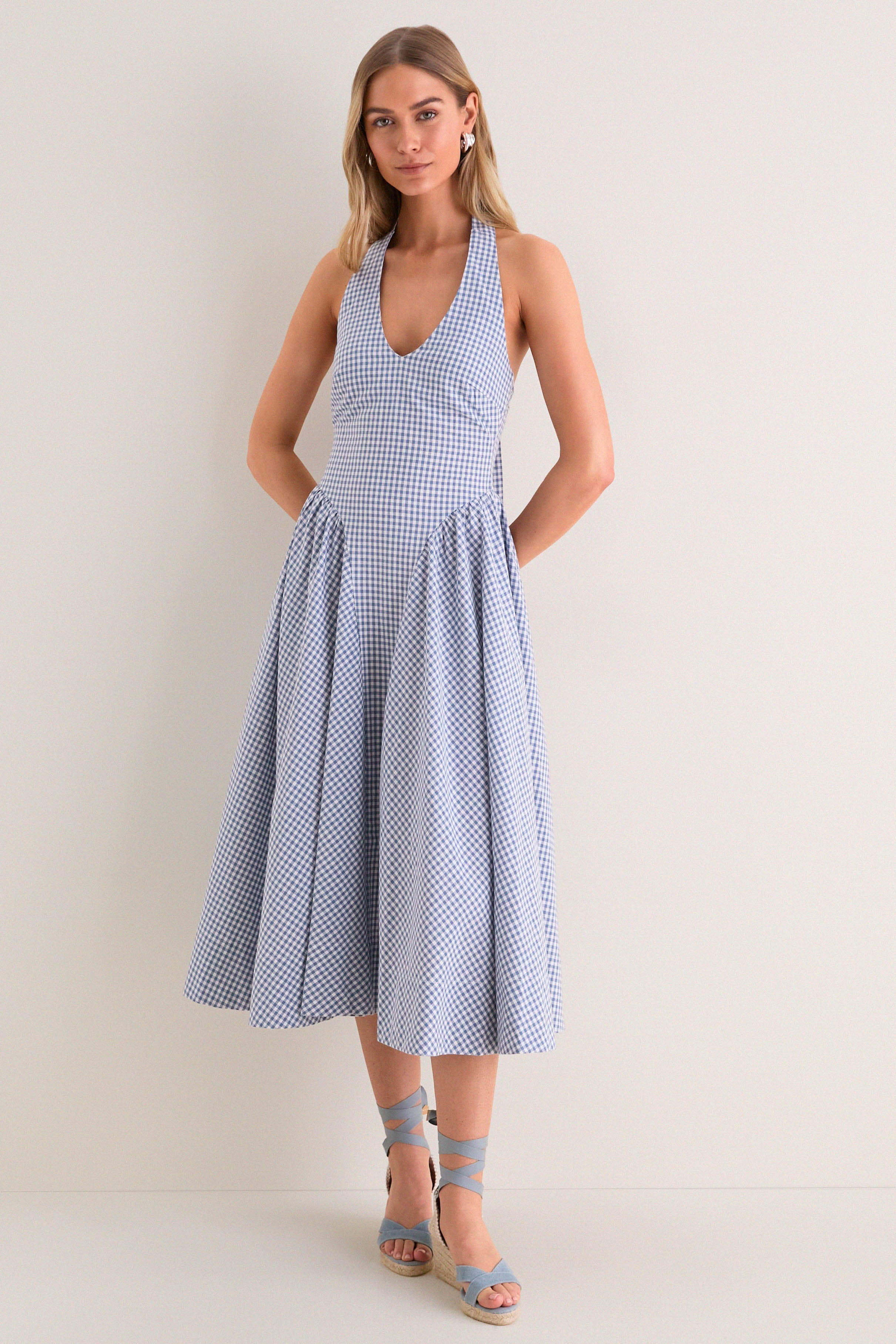 Blue Gingham Meana Halter Midi Dress