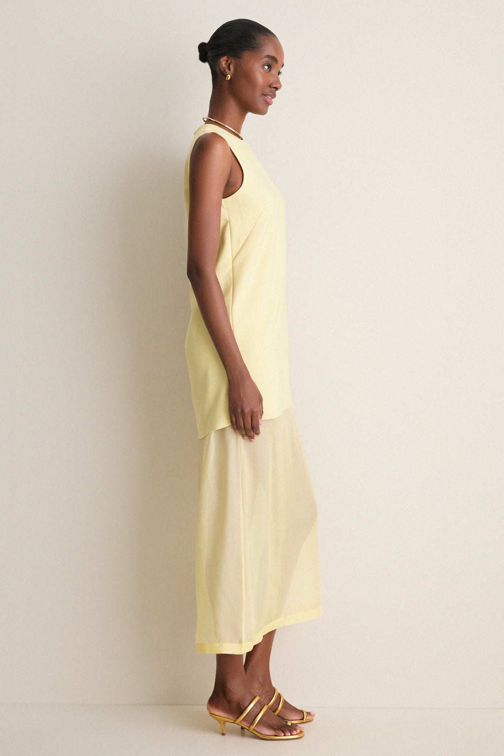 Pale Yellow Bonotto Crepe and Silk Chiffon Dress