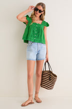 Green Eliza Solid Flutter Sleeve Top