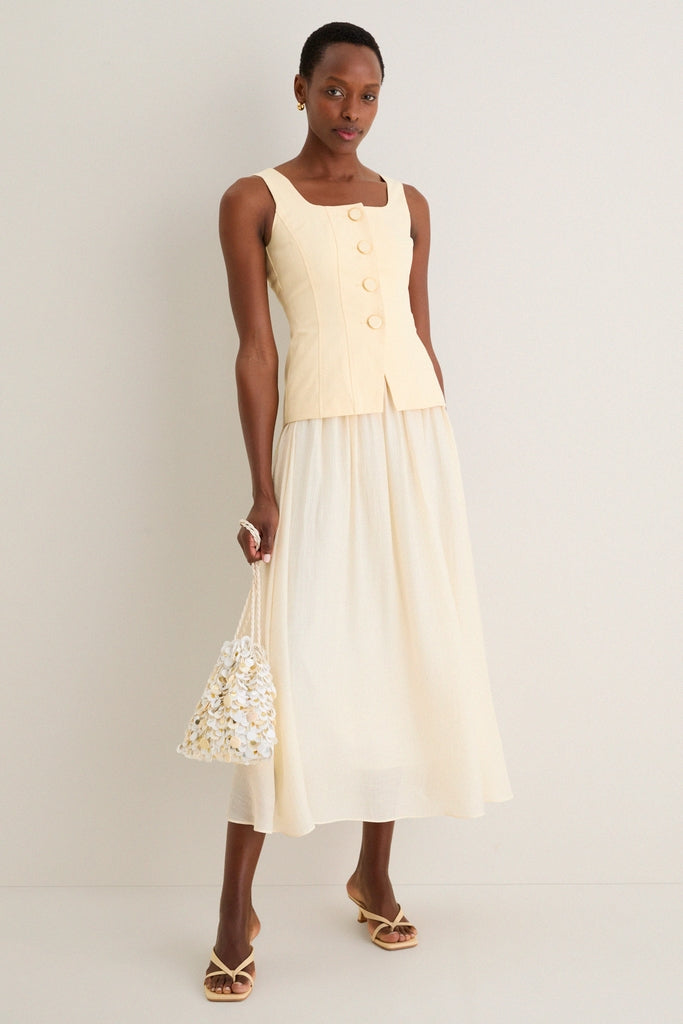 Yellow and Ivory Square Neck Vest Midi Dress