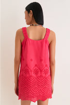 Red Kallie Linen Blend Embroidered Mini Dress