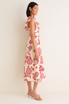 Cream and Red Jacqueline Flutter Sleeve Midi Dress