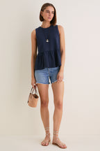 Navy Pique Mercer Peplum Top
