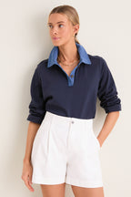 Denim Collar Carlyn Long Sleeve Polo