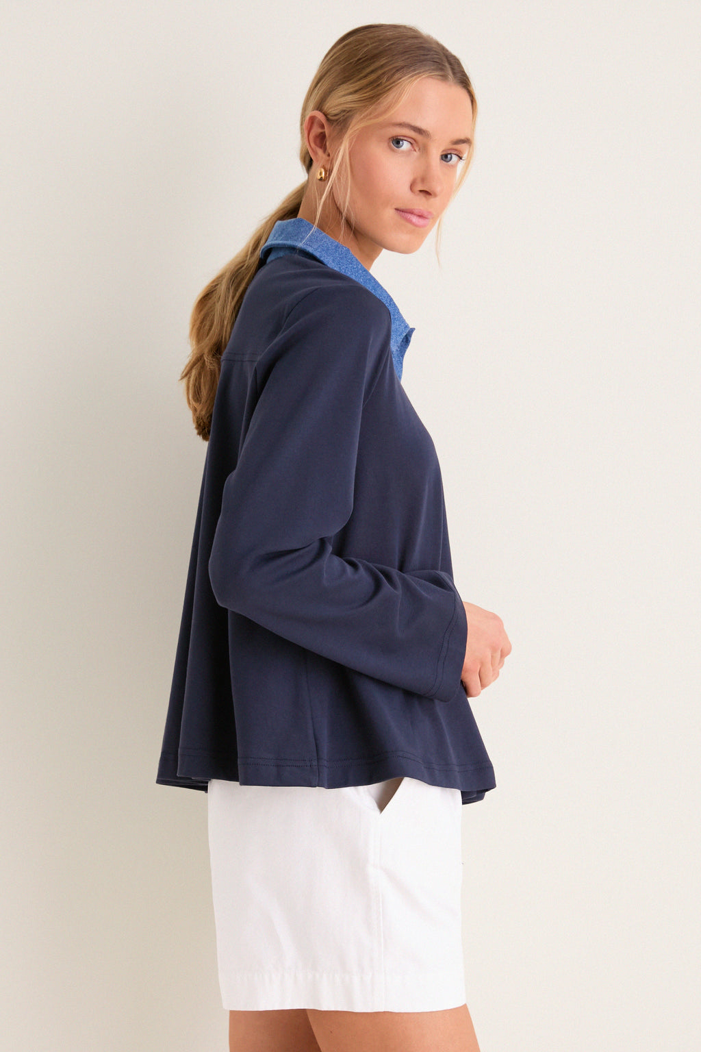 Denim Collar Carlyn Long Sleeve Polo