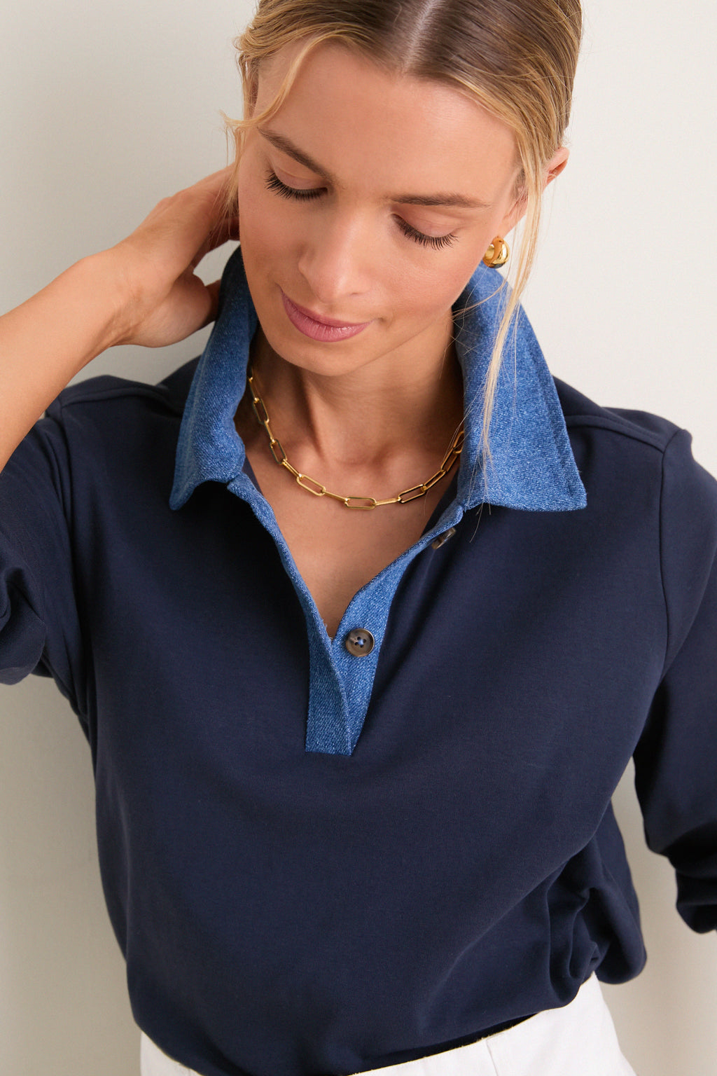 Denim Collar Carlyn Long Sleeve Polo
