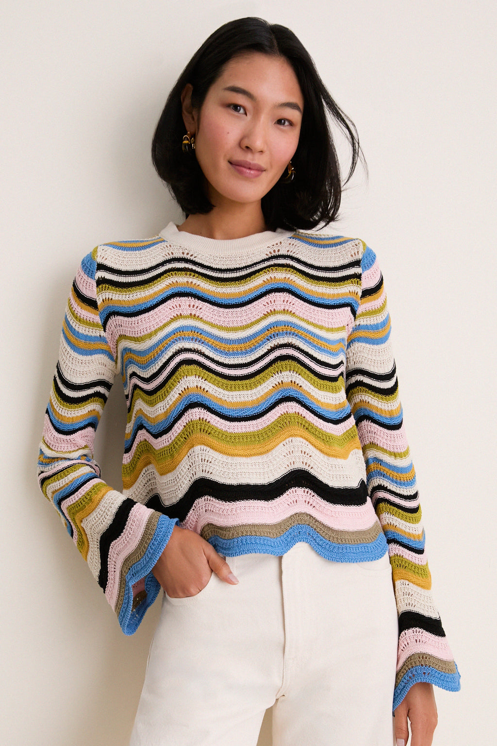 Multicolor White, Green and Pink Chevron Crop Sweater