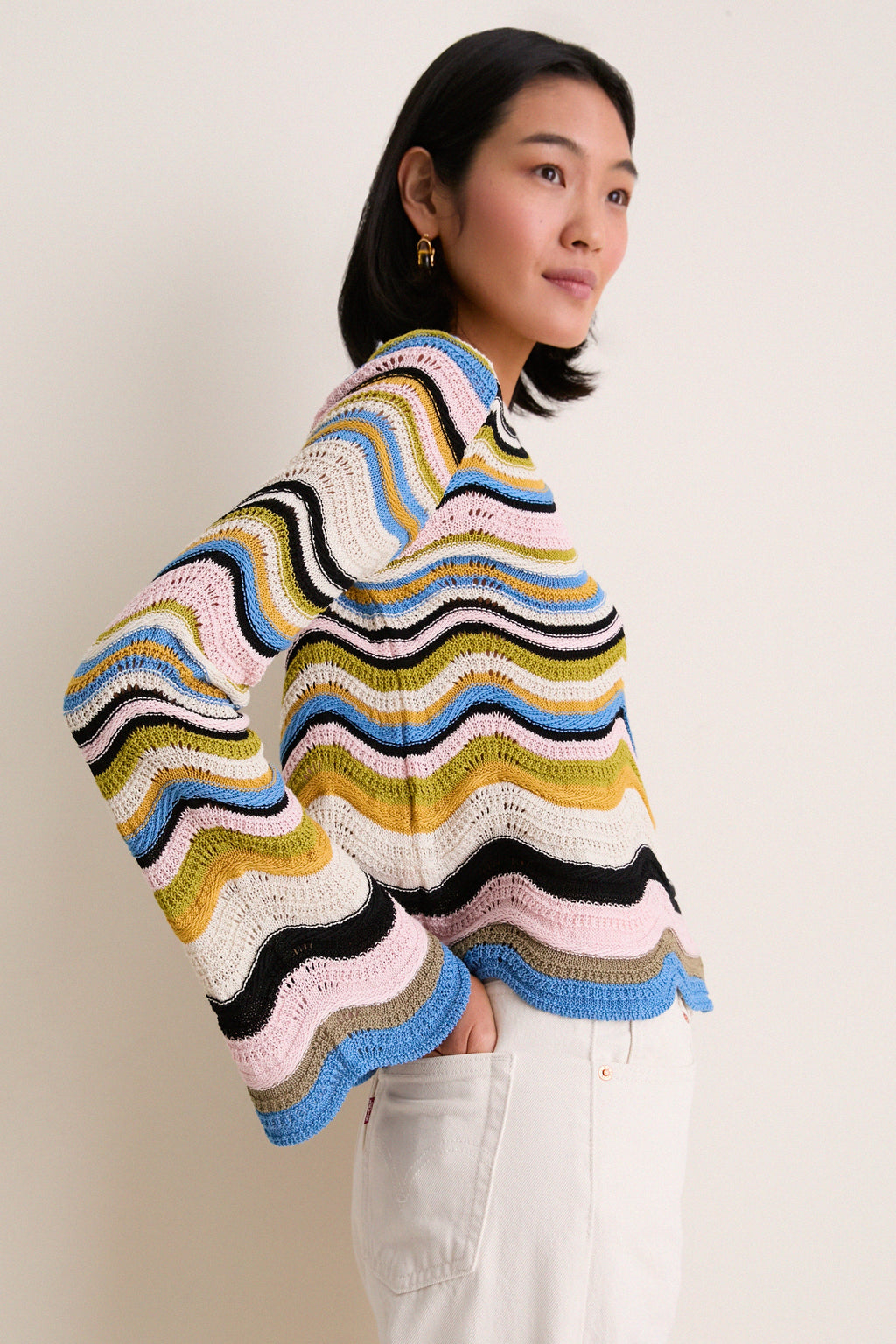 Multicolor White, Green and Pink Chevron Crop Sweater